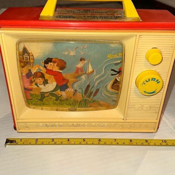 Antique Fisher Price Red Yellow Vintage 1966 Scrolling Picture TV Music Box 10"x - Picture 8 of 10
